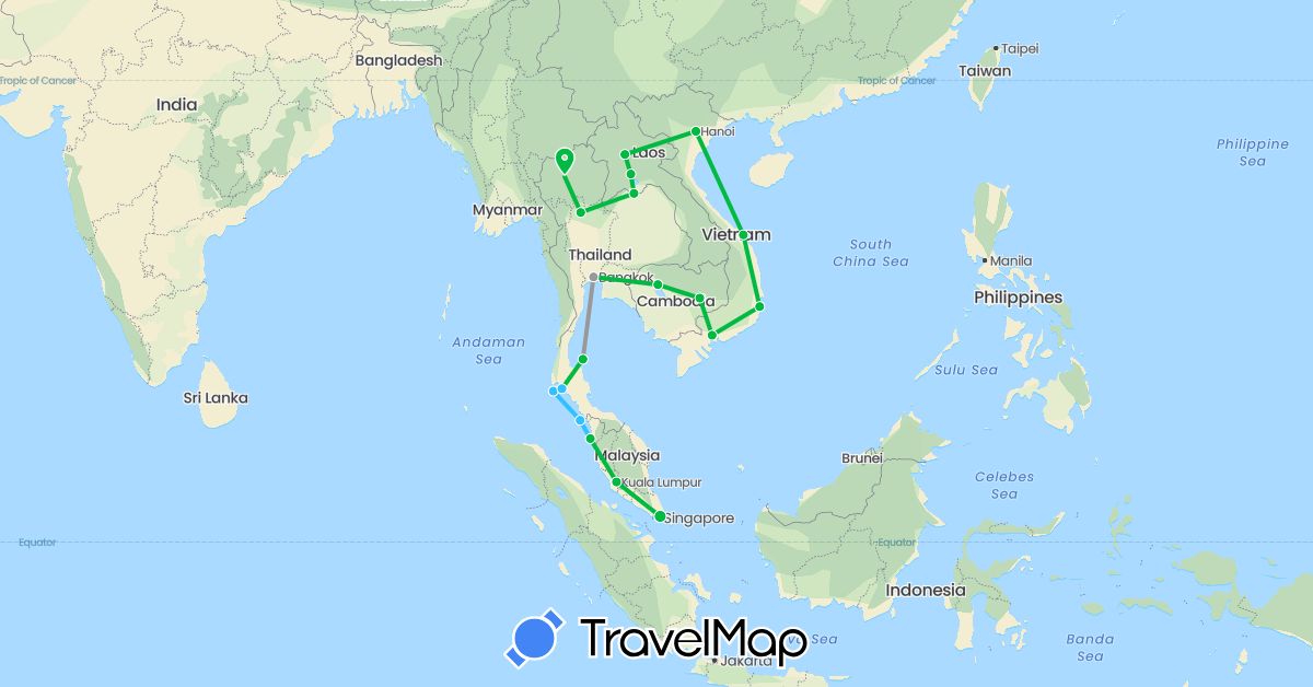 TravelMap itinerary: driving, bus, plane, boat in Cambodia, Laos, Malaysia, Singapore, Thailand, Vietnam (Asia)